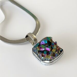 925 sterling silver Titanium AURA Druzy Necklace Gemstone Womens Jewelry 1.5"